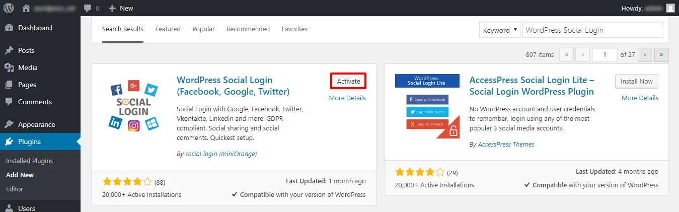 WordPress wp Social Login activate