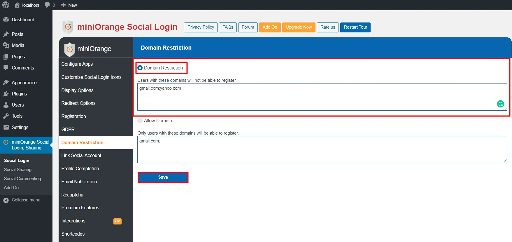 Social Login Add domain name in Domain Restriction
