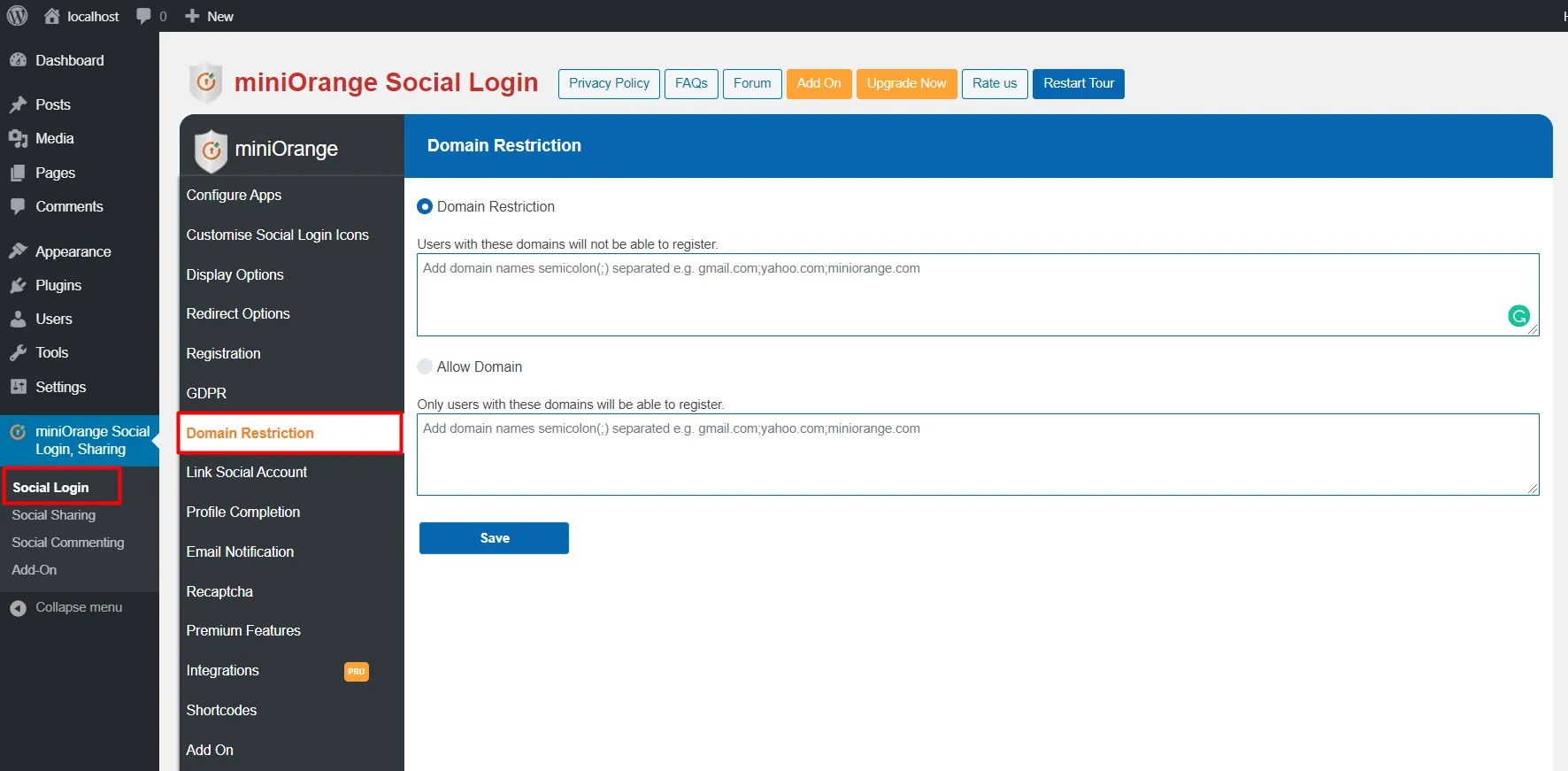 Social login on domain Restriction tab