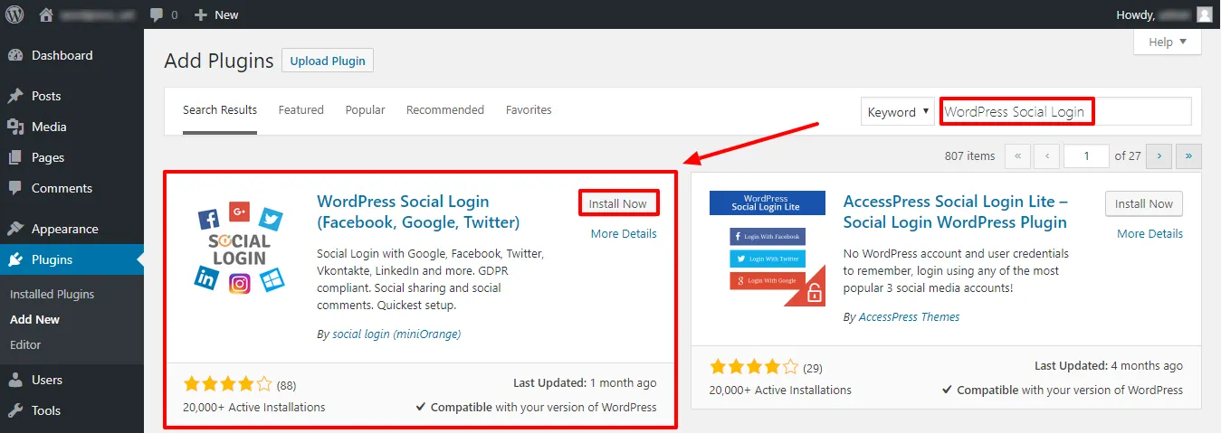WordPress wp Social Login search install