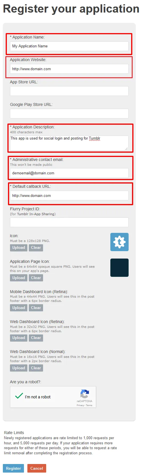 tumblr login wordpress application information & Redirect URL