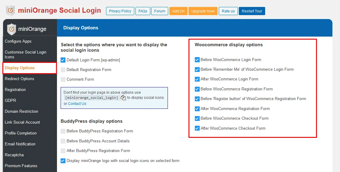 social login woocommerce WordPress social display option
