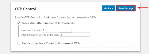 OTP Verificatio Limit OTP Request Save Settings