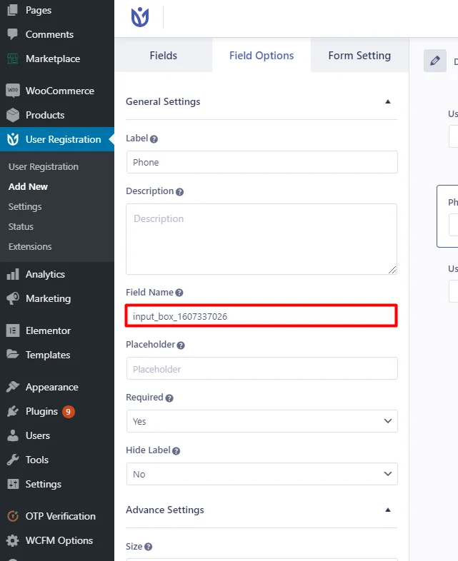 OTP Verification User registration Form and Field ID WP Everest