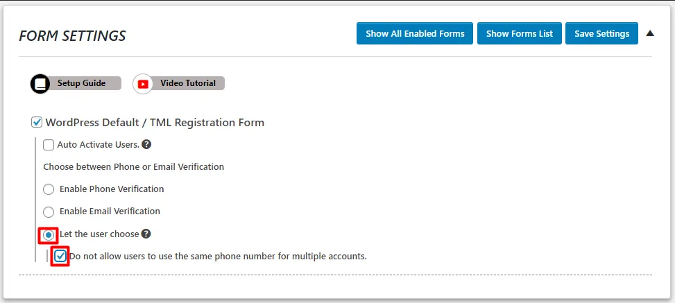 OTP Verification WordPress Default TML Registration same phone multiple accounts