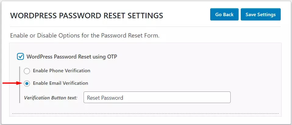 OTP Verification Wordpress Password reset Enable Email Verification