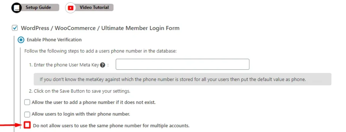 OTP Verification WordPress Ultimate Member WooCommerce Login Form Restrict user to use same Phone
