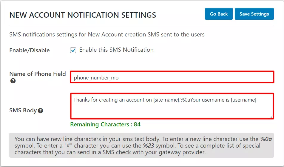 OTP Verification WordPress SMS Notifications Enter phone field name and sms body