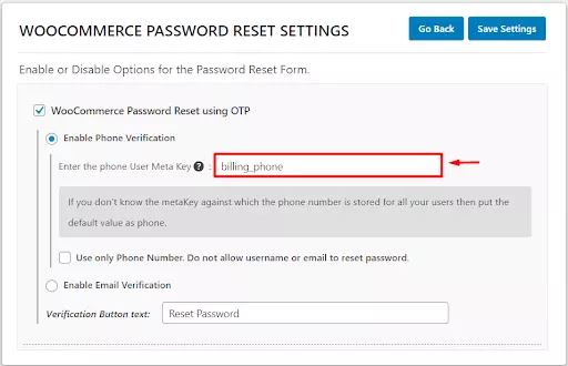 OTP Verification WooCommerce Password Reset Enter Phone Meta Key