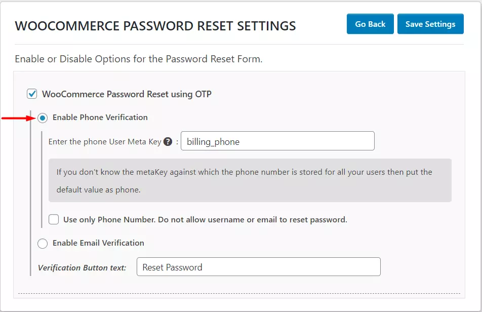 OTP Verification WooCommerce Password Reset Select Enable Phone Verification