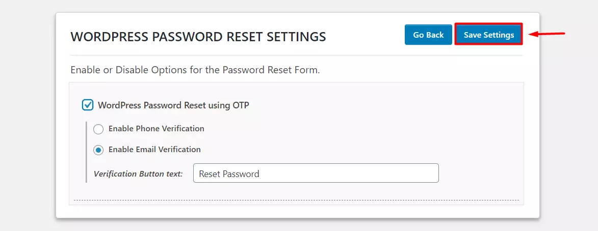 WordPress Password Reset - Click om Save Settings button