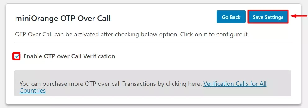 OTP Verification OTP over Call Save settings