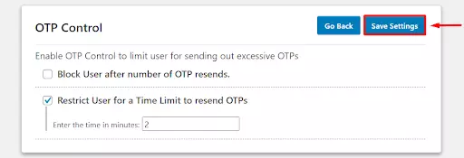OTP Verification Limit OTP Request Save Settings