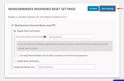 OTP Verification Save settings button woocommerce password reset