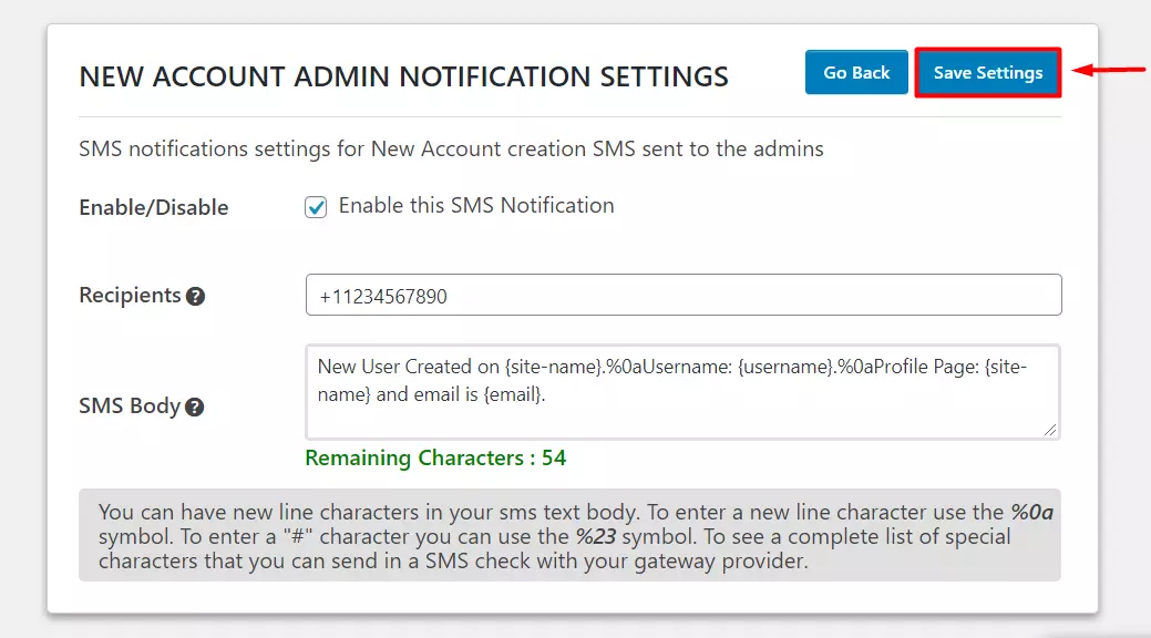 OTP Verification Save Settings wordpress sms notification