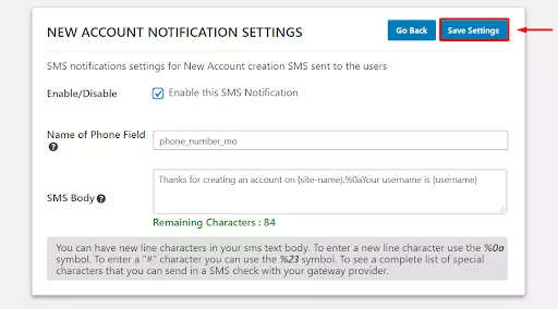 OTP Verification WordPress SMS Notifications Save settings button