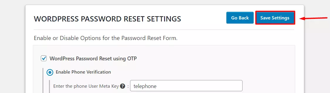 OTP Verification Wordpress Password reset Save Settings