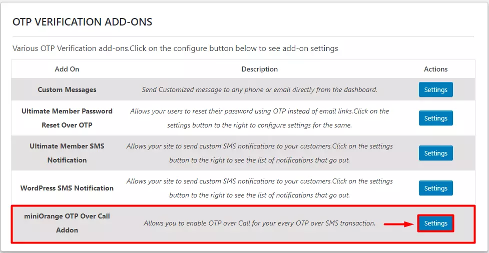 OTP Verification OTP over call addons settings button