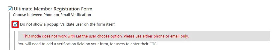 OTP Verification Ultimate Member Registration Do Not Show Popup