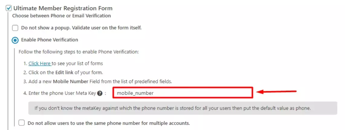 OTP Verification Ultimate Member Registration Form plugin Settings Meta Key