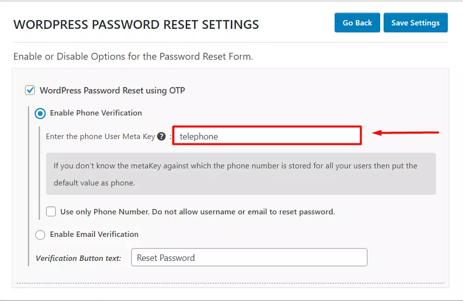 OTP Verification Wordpress Password reset Metakey Phone