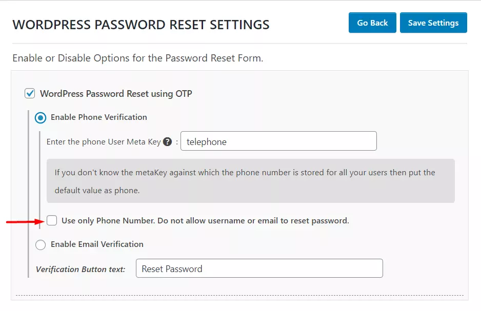 OTP Verification Wordpress Password reset Using only phone checkbox