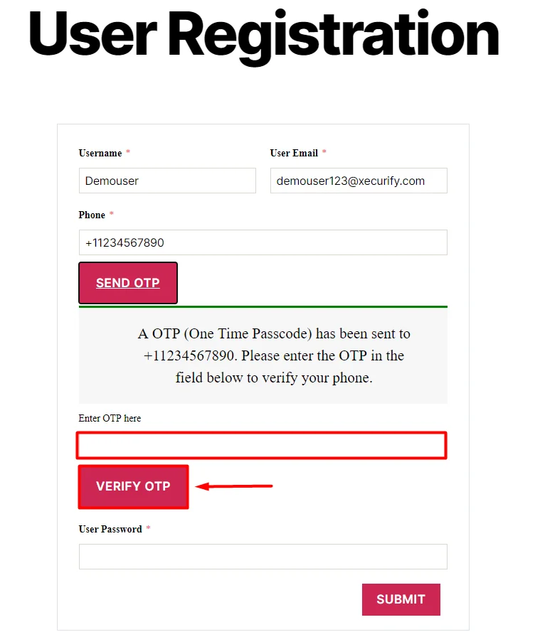 OTP Verification User Registration Submit button WP Everest