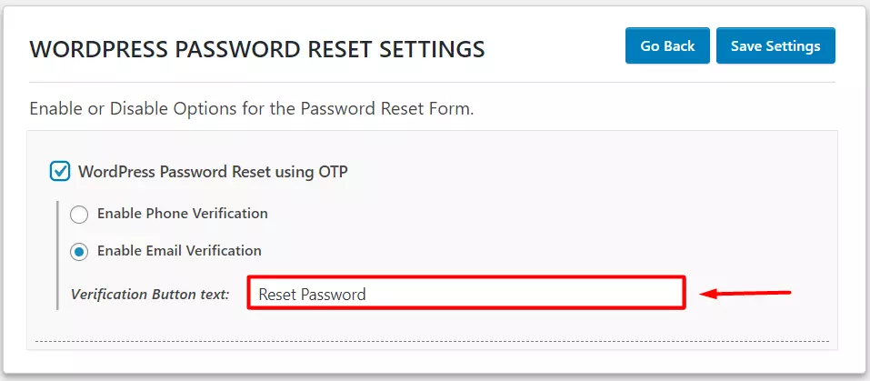 OTP Verification Wordpress Password reset Verification button text