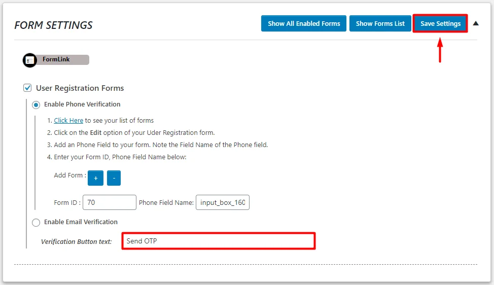 OTP Verification User Registration Verification Button Text Save Settings WP Everest