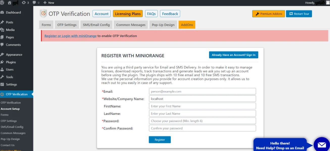  WordPress OTP Verification plugin miniOrange registration form OTP Verification