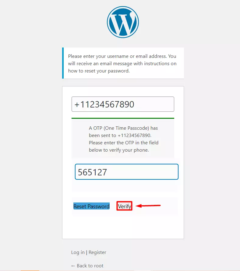 WordPress Password Reset - Click Verify