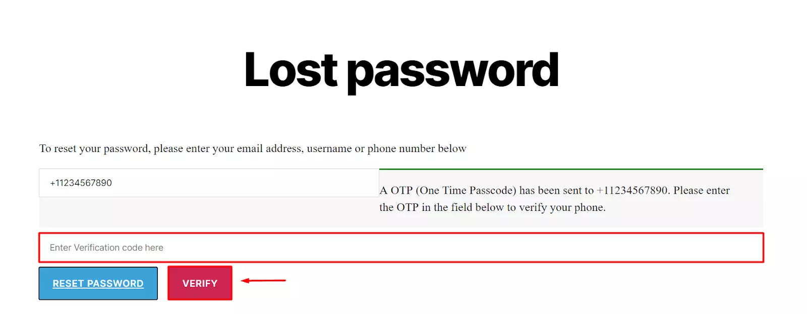 OTP Verification WooCommerce Password Reset enter verification code click on verify button