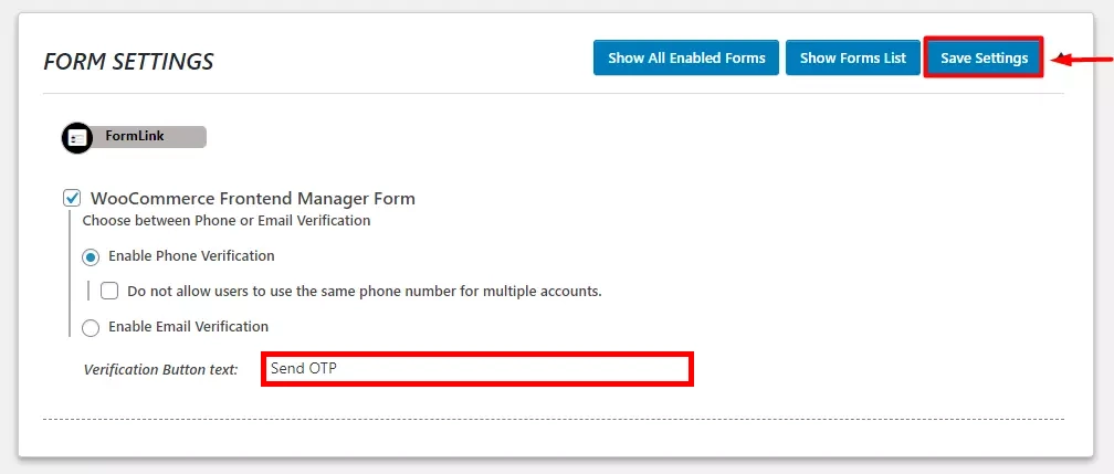 OTP Verification configure settings for WooCommerce Frontend Manager / WCFM Marketplace vendor registration form