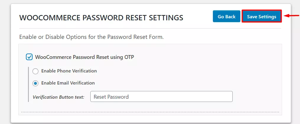 OTP Verification Save Settings woocommerce password reset