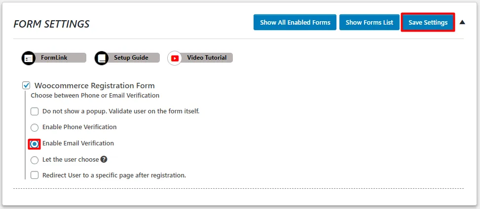 OTP Verification WooCommerce Registration Form Save Settings