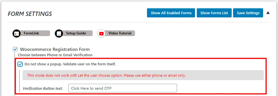 OTP Verification WooCommerce Registration Form without showing popup