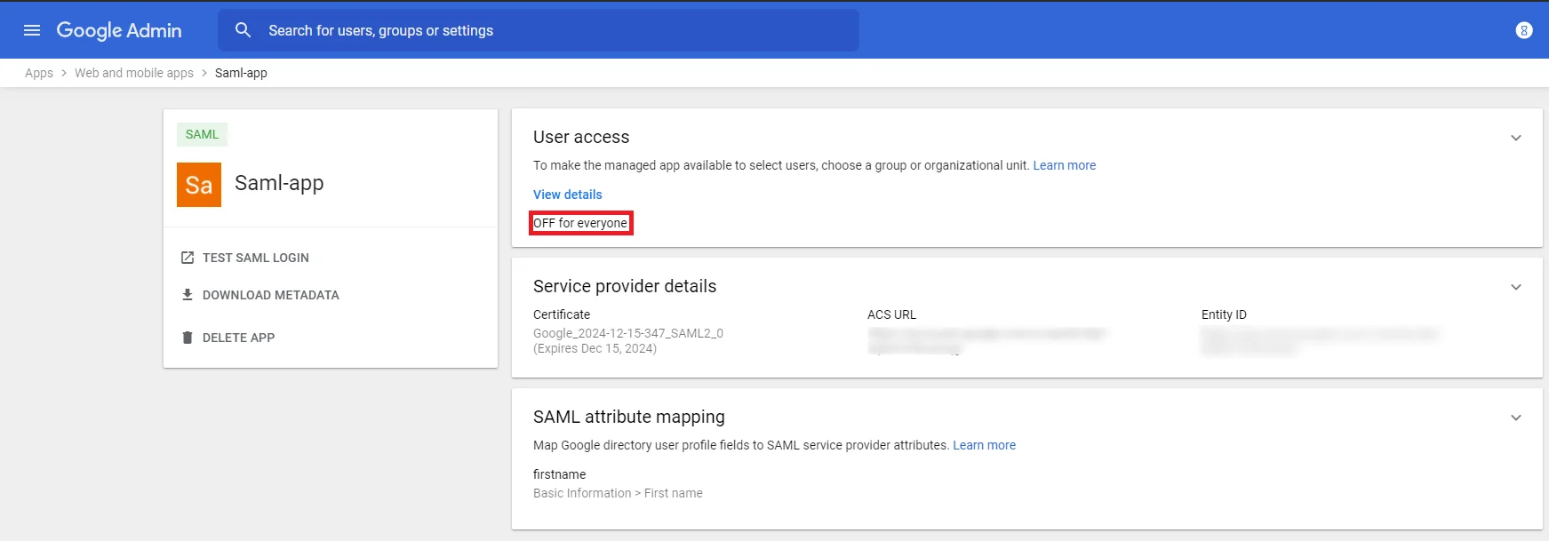 ASP.NET SAML Single Sign-On (SSO) using Google Apps as IDP - Turn-off go to SAML Apps