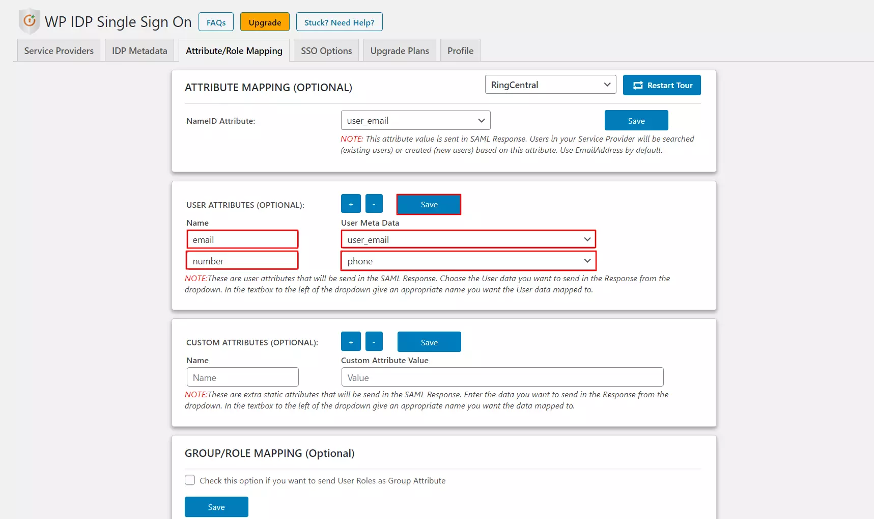 Configure WP attributes - RingCentral SSO Login with WordPress