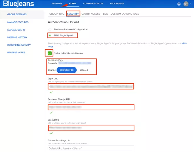 Login using Joomla into BlueJeans | Joomla SSO into BlueJeans, automatic provisioning
