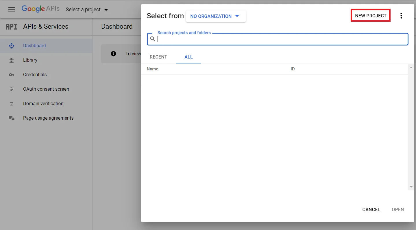 nopCommerce OAuth Single Sign-On (SSO) using Google as IDP - Click on new project
