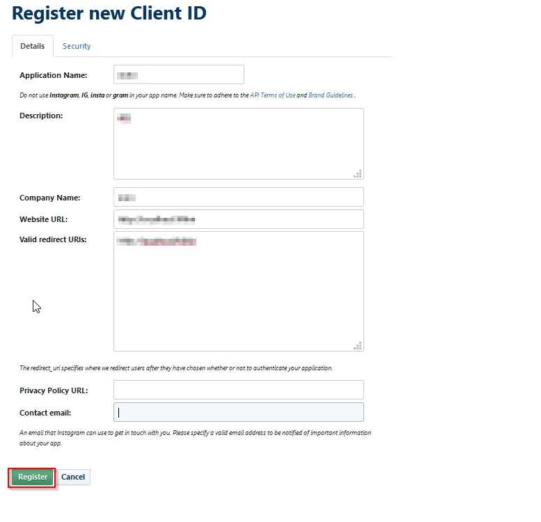 Instagram SSO OAuth OpenID _Register button to save your configurations
