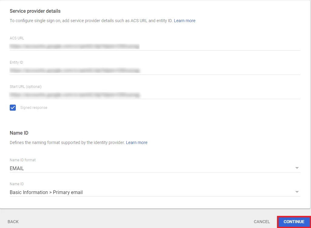 Shopify SSO - Google Apps SSO Login - Service provider details