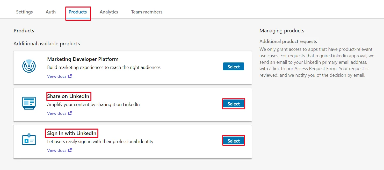 LinkedIn login Product Scope premission social Shopify 