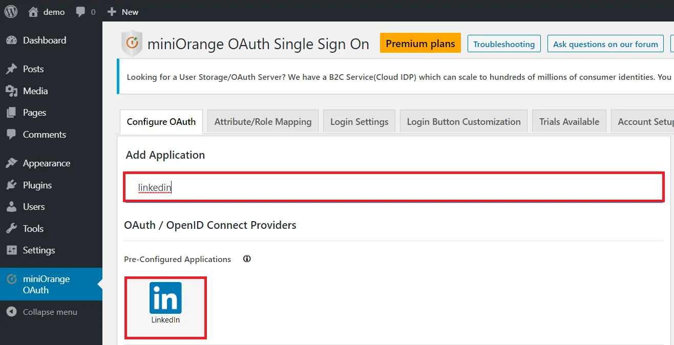 OAuth/OpenID LinkedIn Single Sign On SSO WordPress select-LinkedInapp