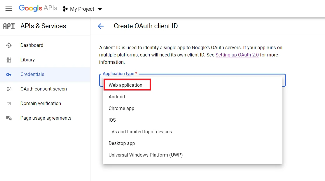 nopCommerce OAuth Single Sign-On (SSO) using Google as IDP - Select Web Application