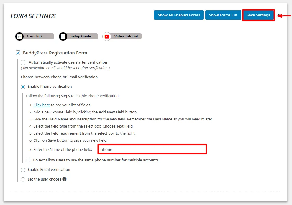 OTP Verification BuddyPress Registration name of field save settings