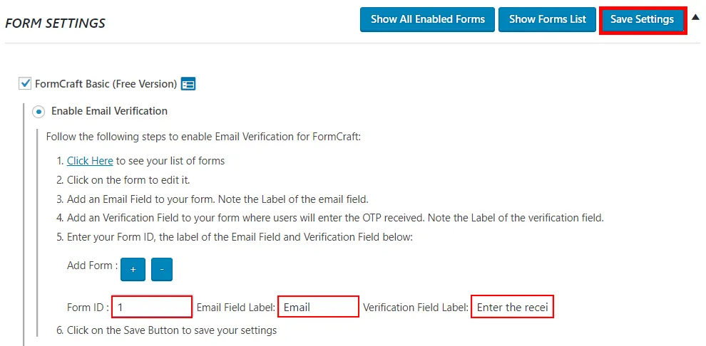 OTP Verification FormCraft Basic new field