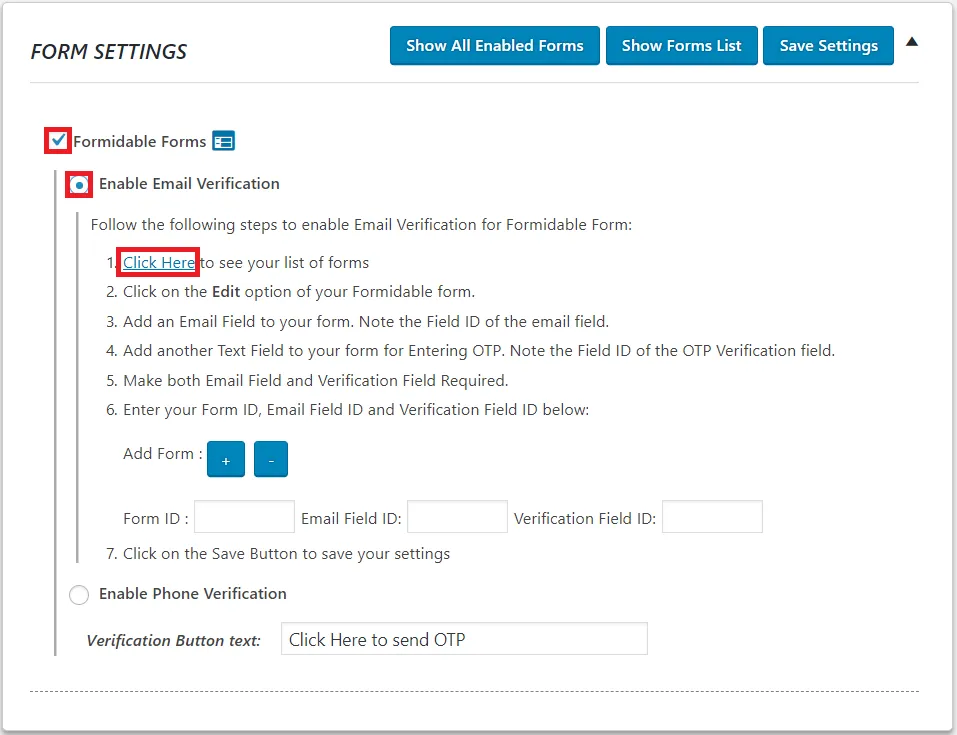 OTP Verification Formidable Form list of forms email phone