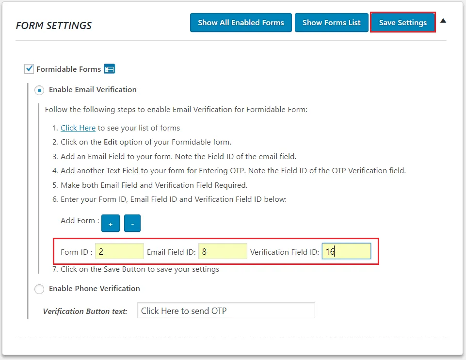 OTP Verification Formidable Form Verification Field ID