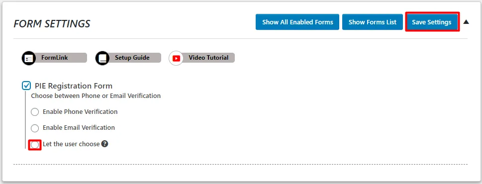 OTP Verification Pie Registration Form choose during registration